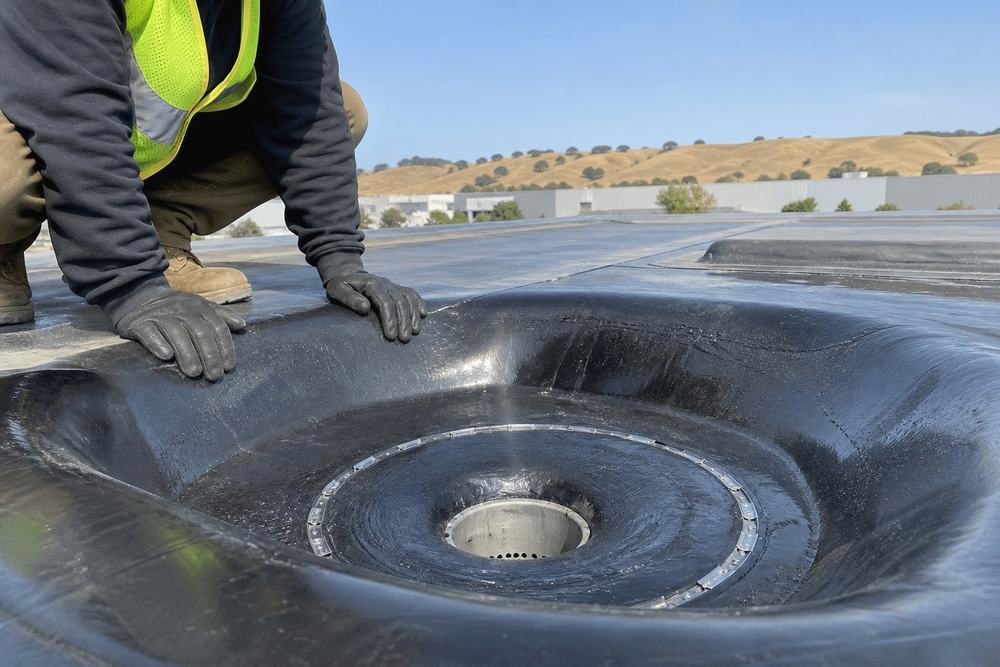 Roof drain set into a tapered insulation sump on a low-slope commercial roof