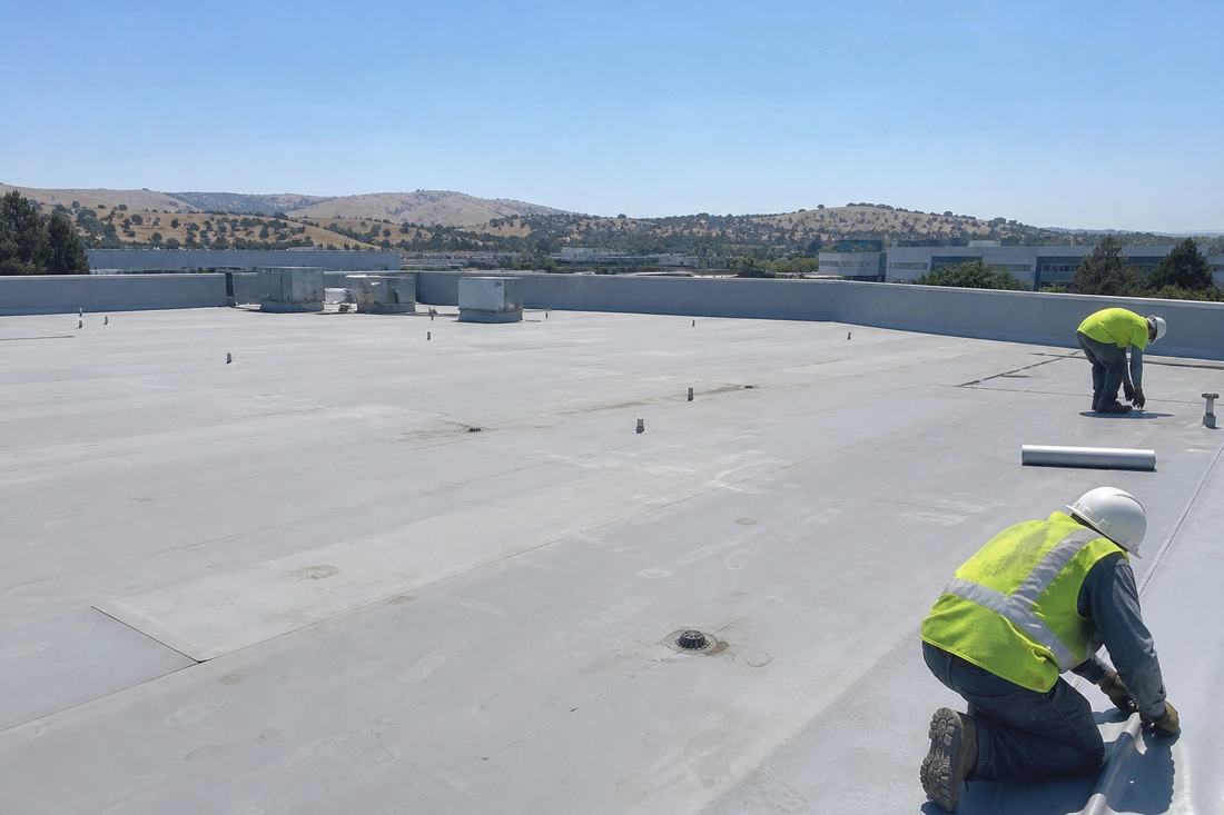 Large low-slope commercial membrane roof in Fairfield, California