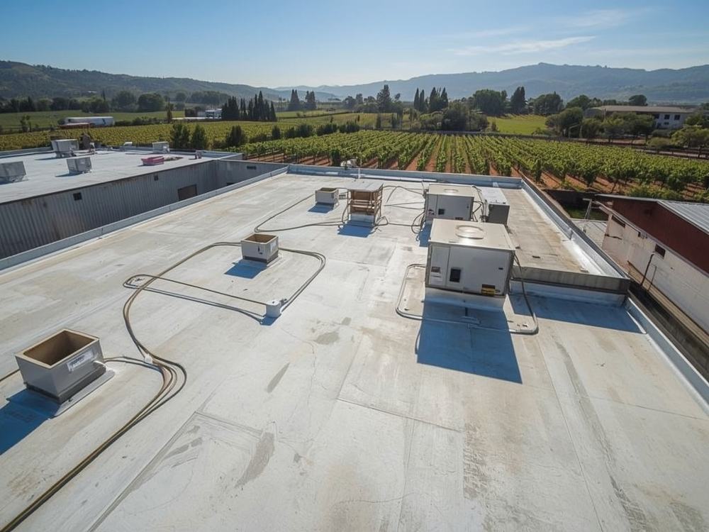 Completed flat roof membrane and perimeter edge metal on a commercial building in Napa, California
