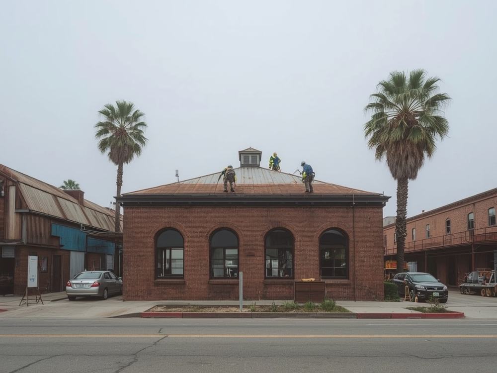 Roofing crew working on the low-slope roof of a small commercial building in Vallejo, California