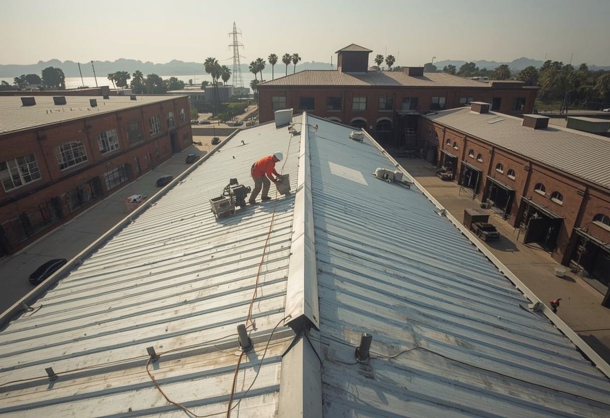 Roofer seaming a standing seam metal panel in Vallejo, California