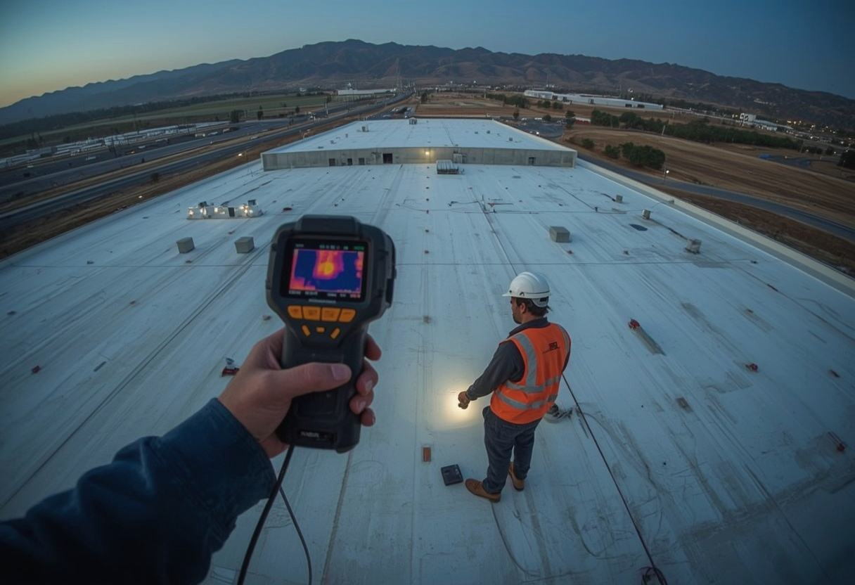 Inspector surveying a flat roof with an infrared camera in American Canyon, California