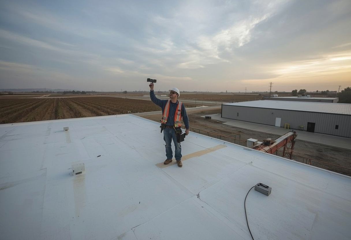 Inspector surveying a flat roof with an infrared camera in Dixon, California