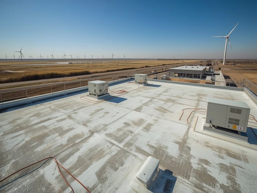 Completed flat roof membrane and perimeter edge metal on a commercial building in Rio Vista, California