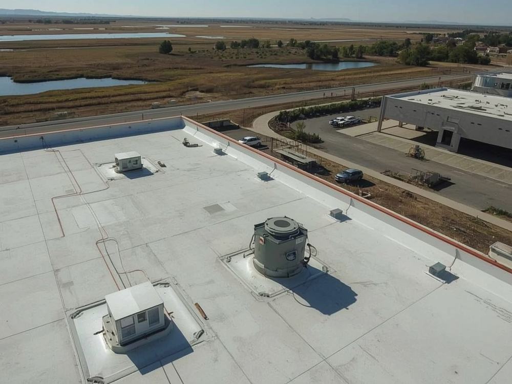 Finished commercial roof with HVAC curbs and drains in Suisun City, California