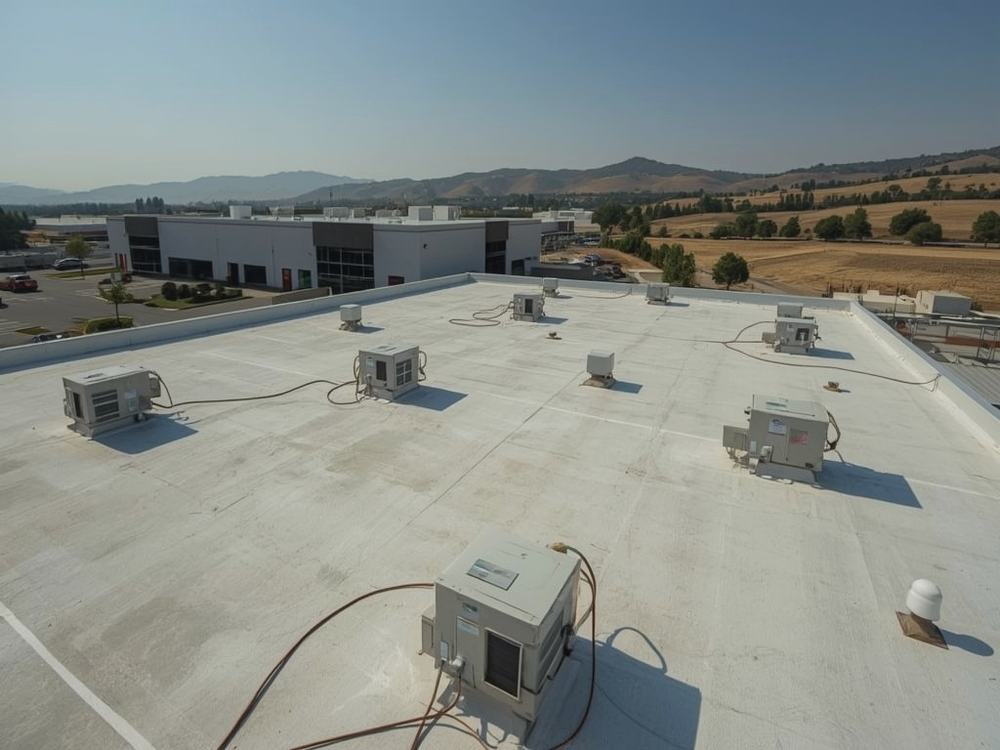 Completed flat roof membrane and perimeter edge metal on a commercial building in Vacaville, California