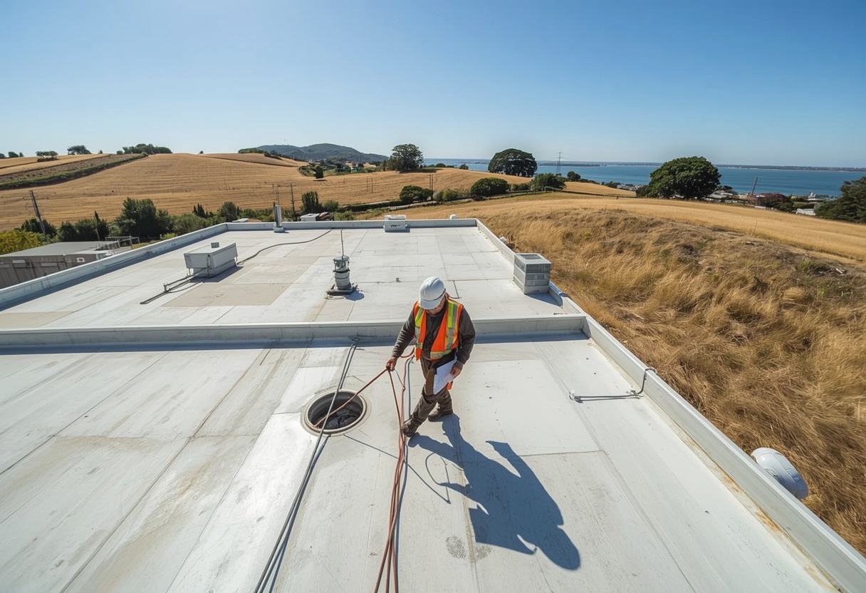 Technician on a scheduled roof maintenance inspection in Benicia, California