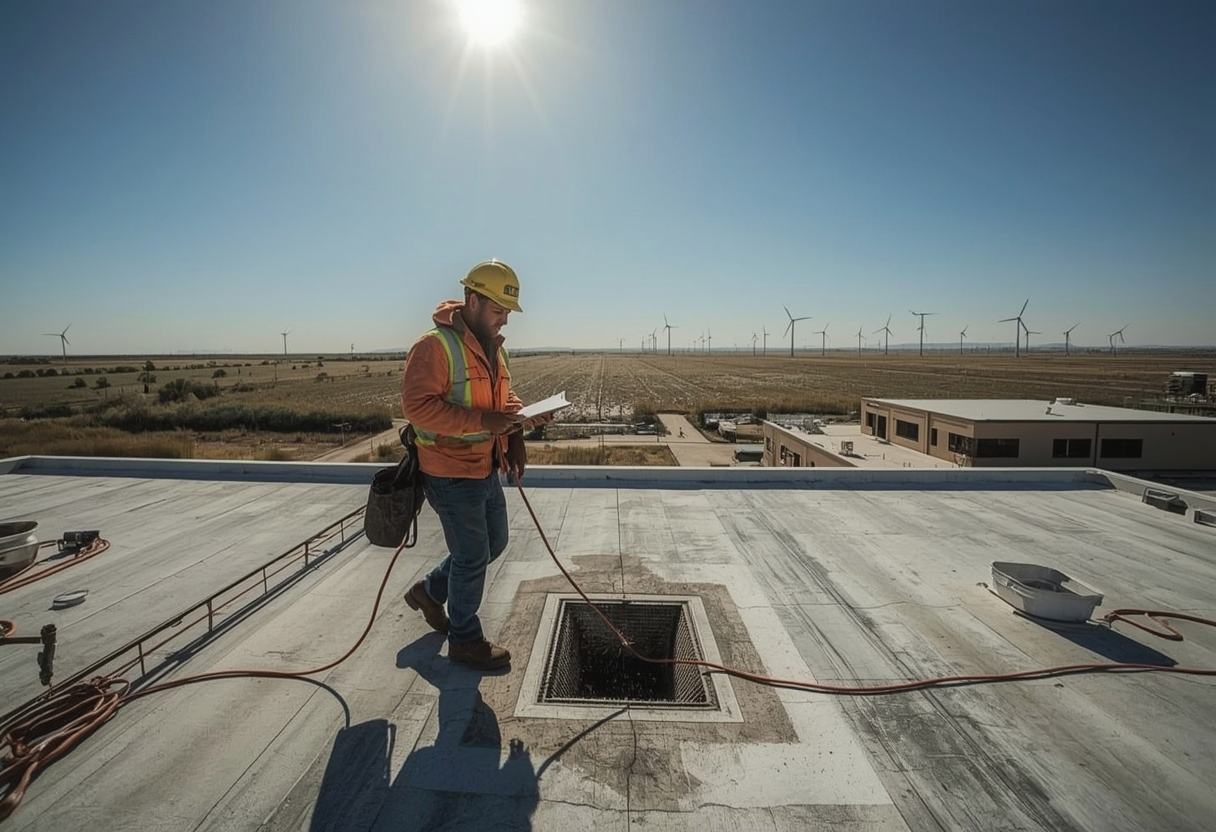Technician on a scheduled roof maintenance inspection in Rio Vista, California