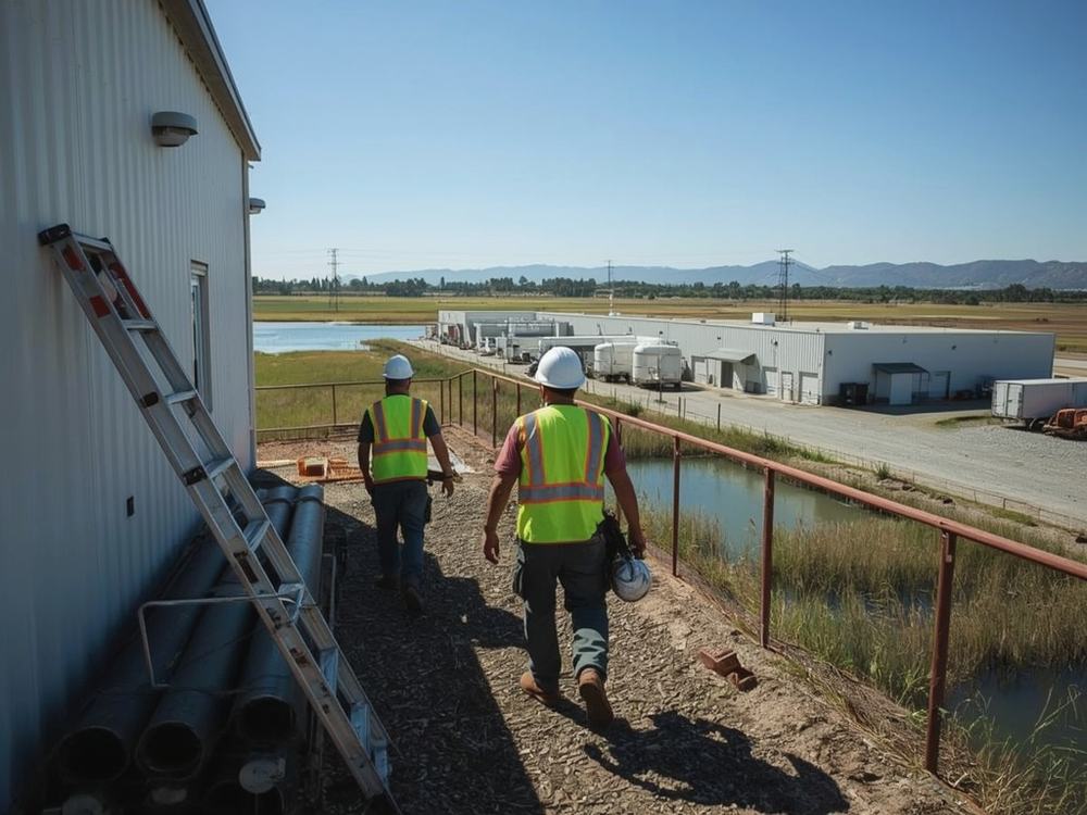 Roofers carrying a membrane roll and ladder to a commercial building in Suisun City, California