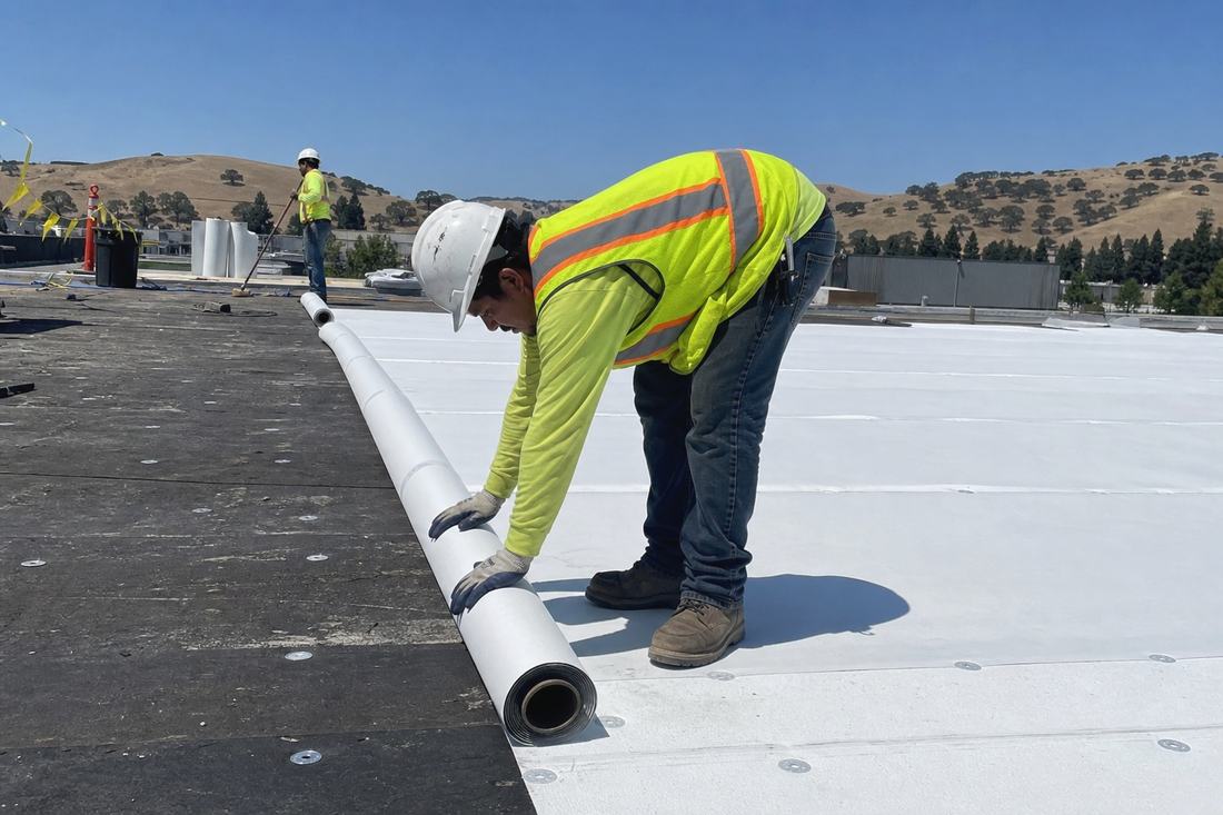 New roof membrane being installed over an existing roof during a commercial recover