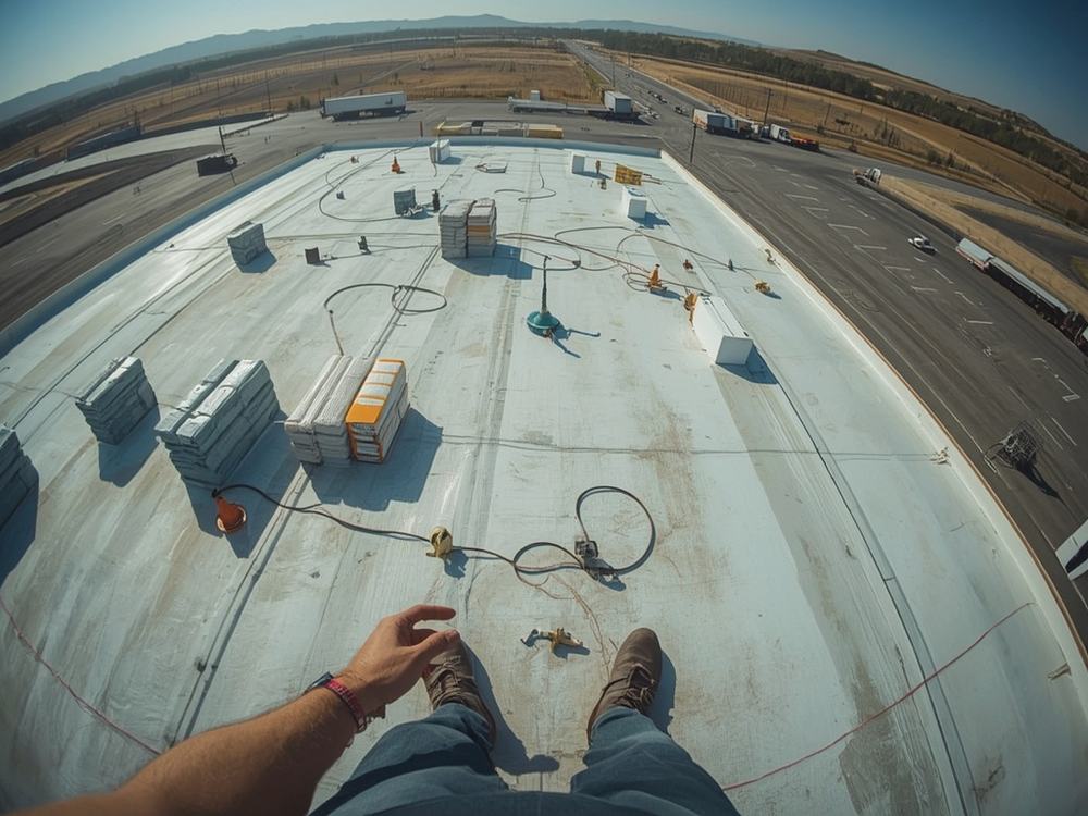 Roofing membrane, insulation boards and equipment staged on a commercial roof in American Canyon, California