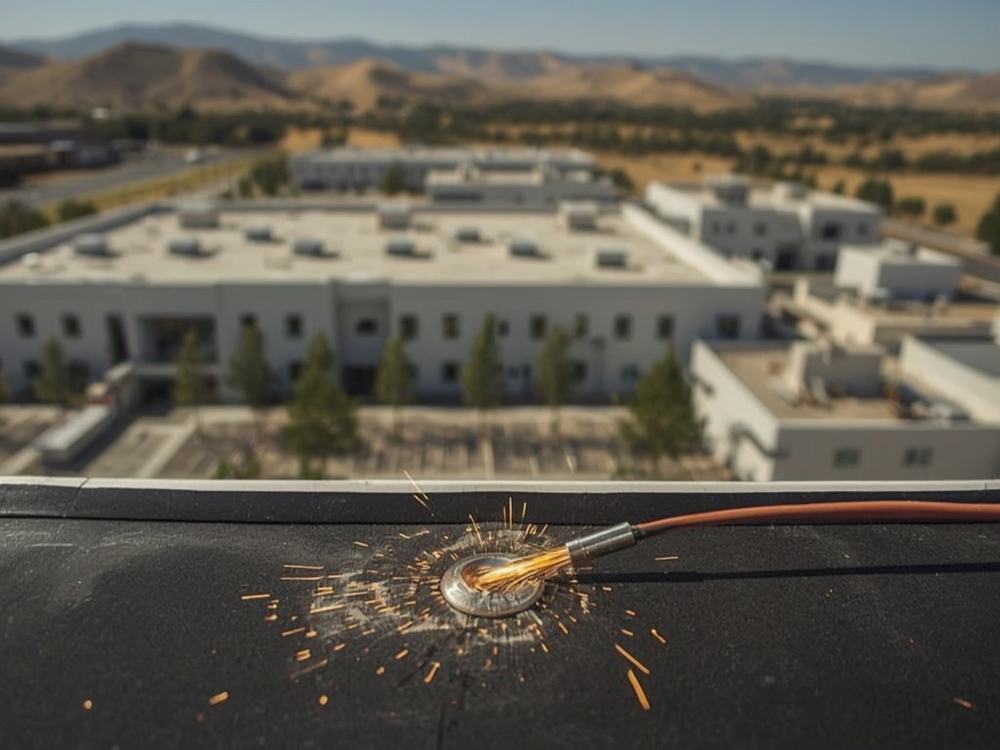Close-up of a welded membrane seam and flashing detail on a commercial roof in Vacaville, California