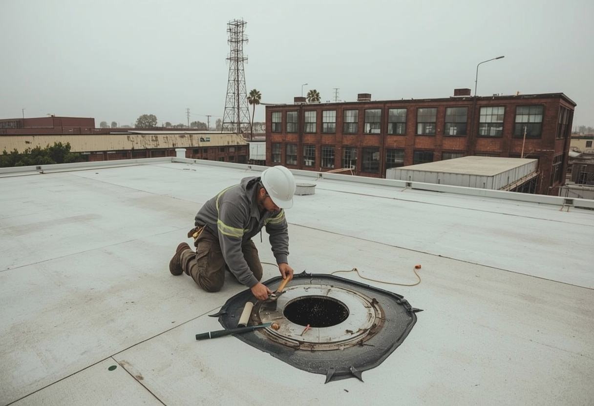 Roofing technician repairing a flat roof membrane in Vallejo, California