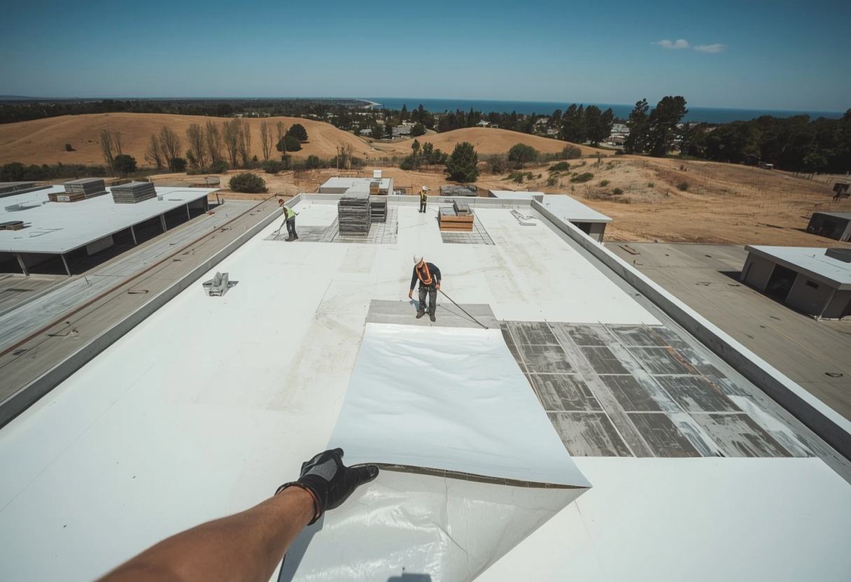 New membrane being rolled out during a commercial roof replacement in Benicia, California
