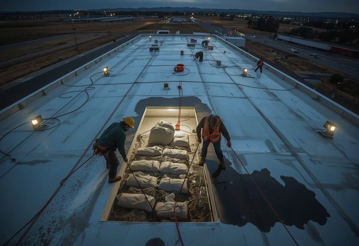 Roofers making an emergency repair under work lights in American Canyon, California