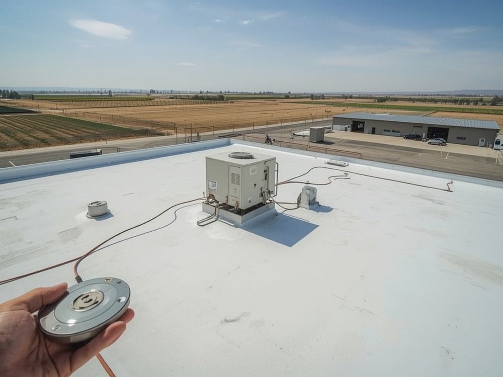 Completed flat roof membrane and perimeter edge metal on a commercial building in Dixon, California