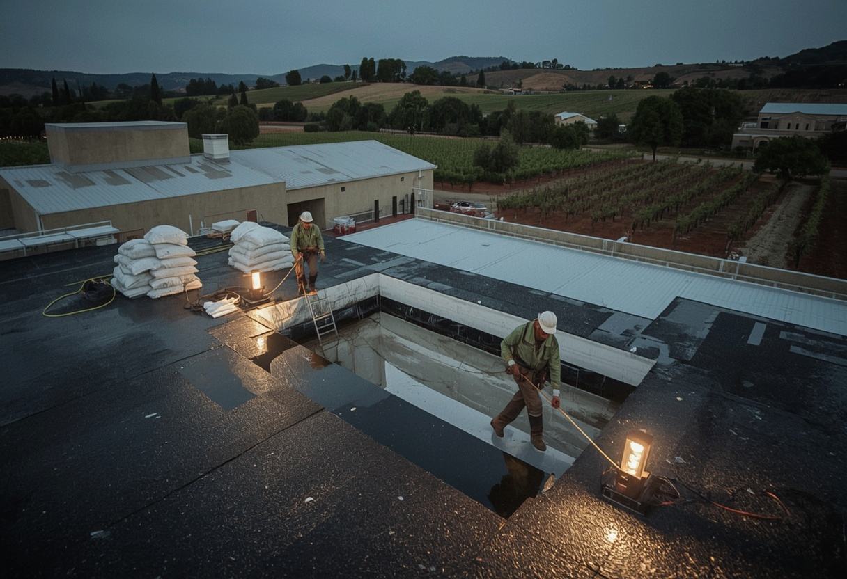 Roofers making an emergency repair under work lights in Napa, California