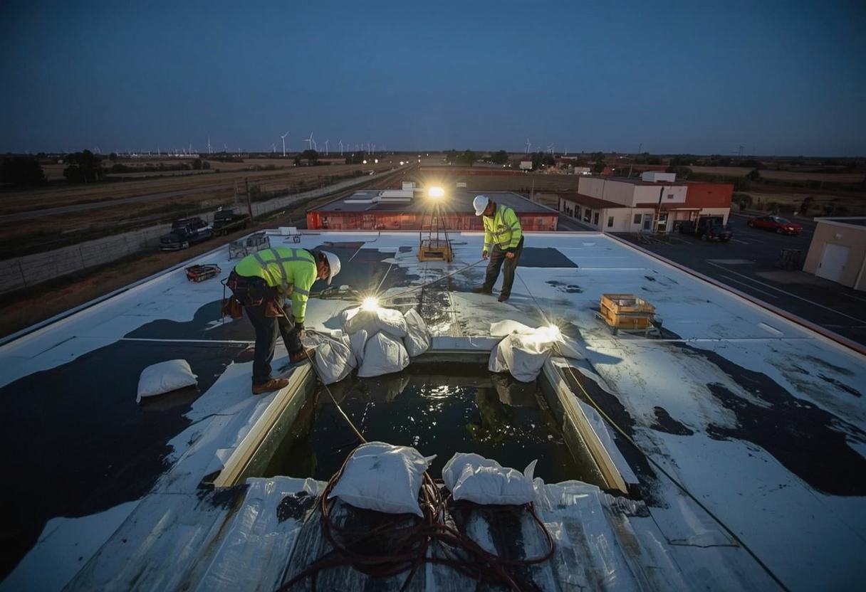 Roofers making an emergency repair under work lights in Rio Vista, California