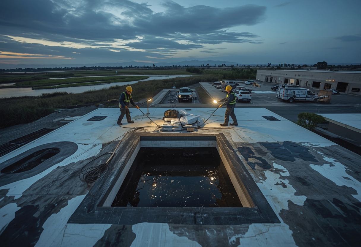 Roofers making an emergency repair under work lights in Suisun City, California