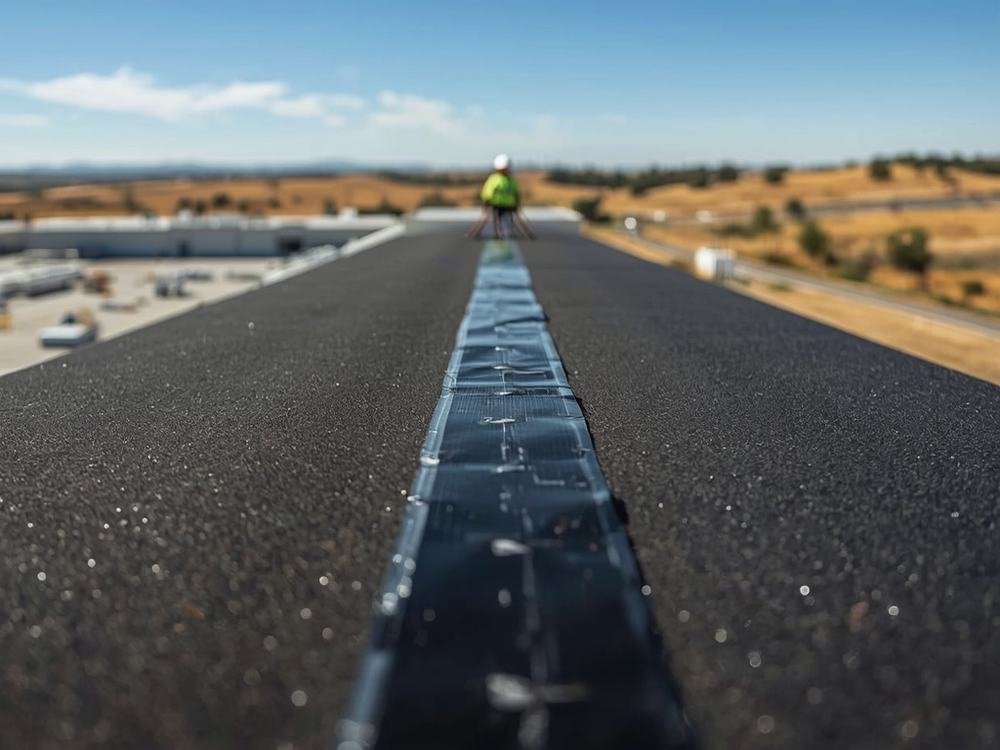 EPDM rubber membrane seam tape being rolled down on a flat roof