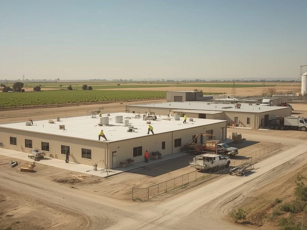 Roofing crew working on the low-slope roof of a small commercial building in Dixon, California