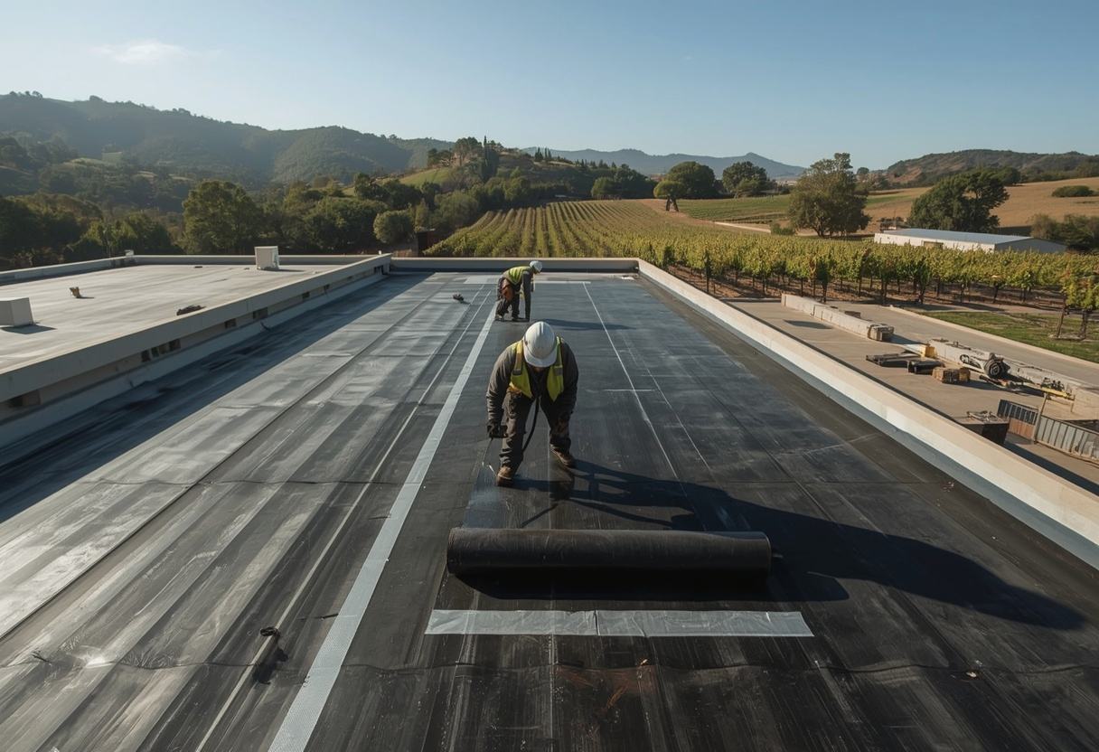 Crew unrolling EPDM rubber membrane on a flat roof in Napa, California