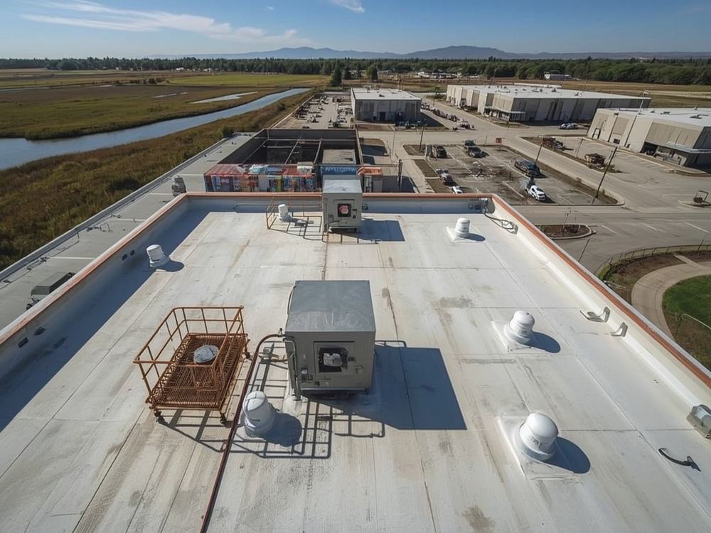 Finished commercial roof with HVAC curbs and drains in Suisun City, California