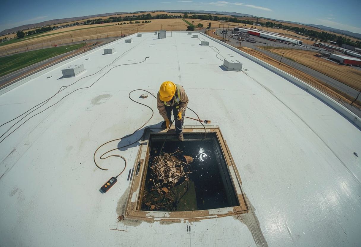 Technician clearing a blocked roof drain in standing water in American Canyon, California