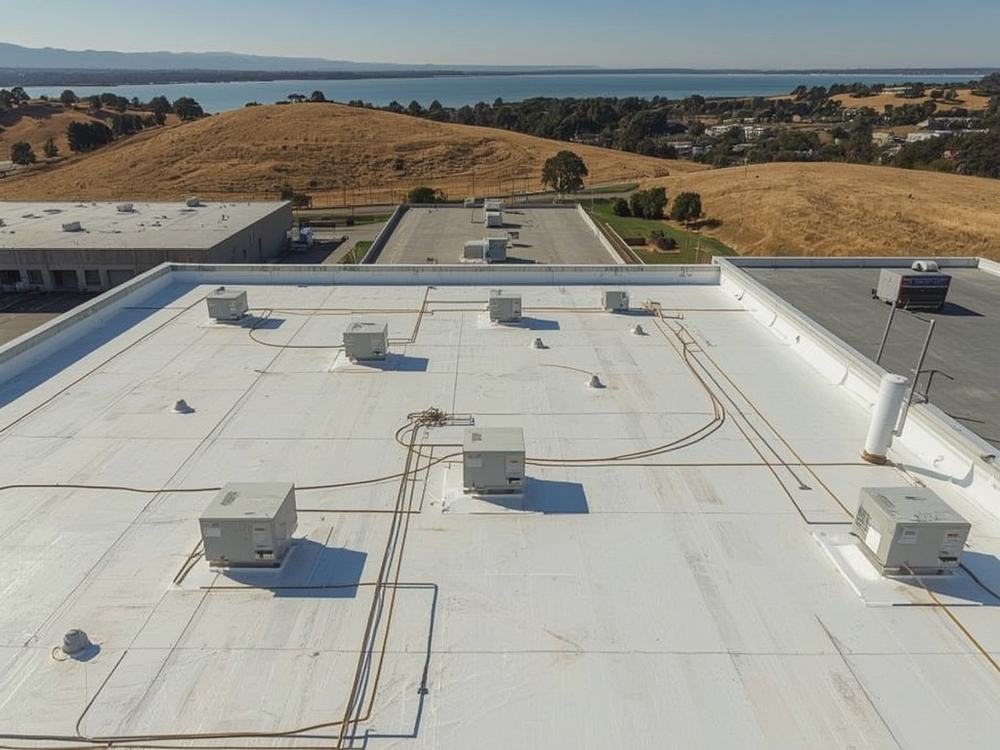 Completed flat roof membrane and perimeter edge metal on a commercial building in Benicia, California