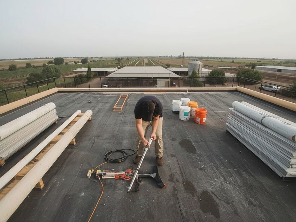 Roofing membrane, insulation boards and equipment staged on a commercial roof in Dixon, California