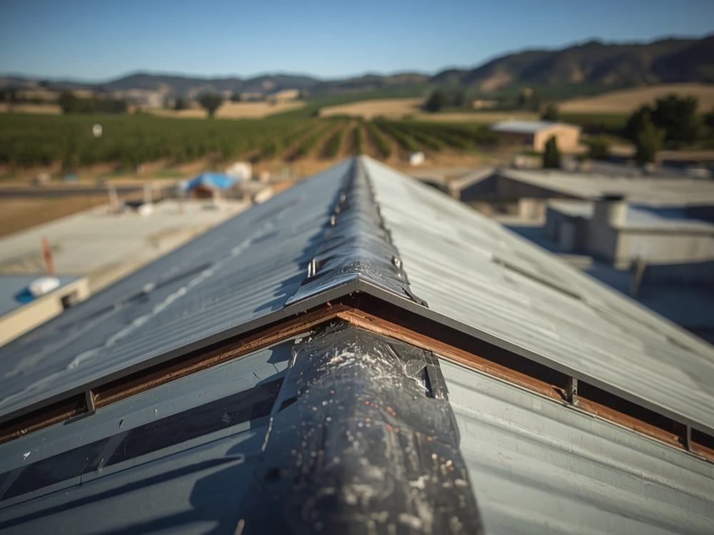 Close-up of a welded membrane seam and flashing detail on a commercial roof in Napa, California