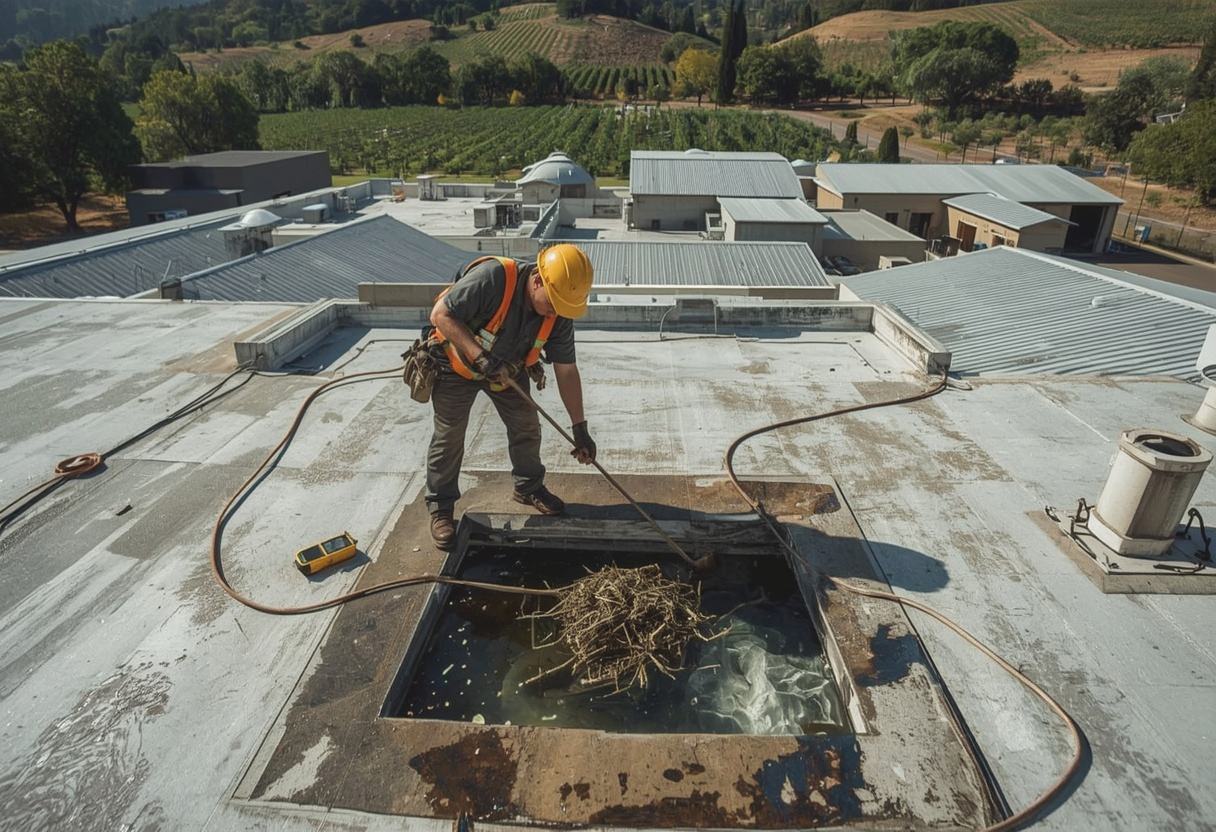 Technician clearing a blocked roof drain in standing water in Napa, California