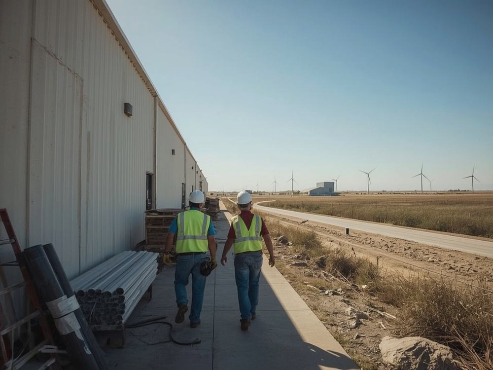 Roofers carrying a membrane roll and ladder to a commercial building in Rio Vista, California