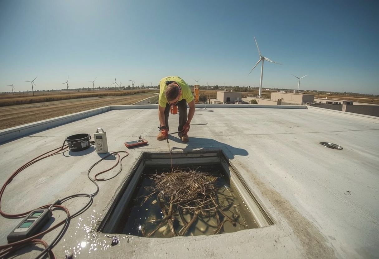 Technician clearing a blocked roof drain in standing water in Rio Vista, California