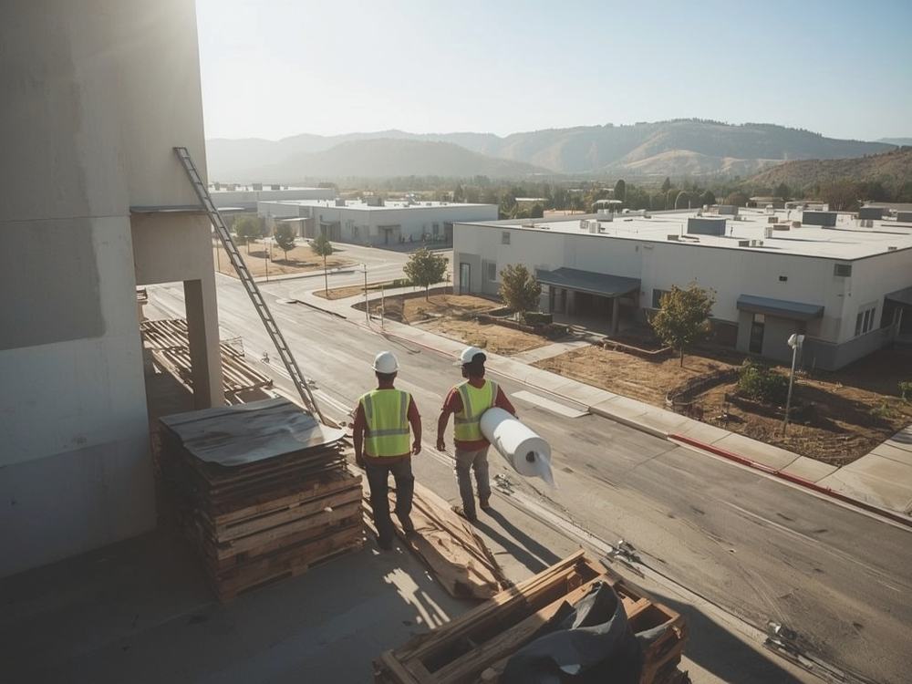 Roofers carrying a membrane roll and ladder to a commercial building in Vacaville, California