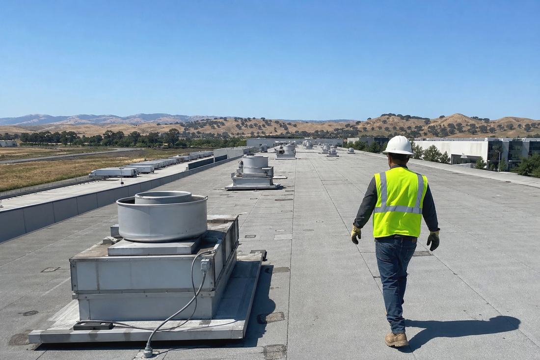 Large industrial warehouse roof with rooftop mechanical units in Fairfield, California