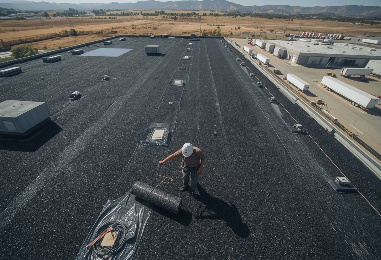 Roofer rolling out a modified bitumen cap sheet in American Canyon, California