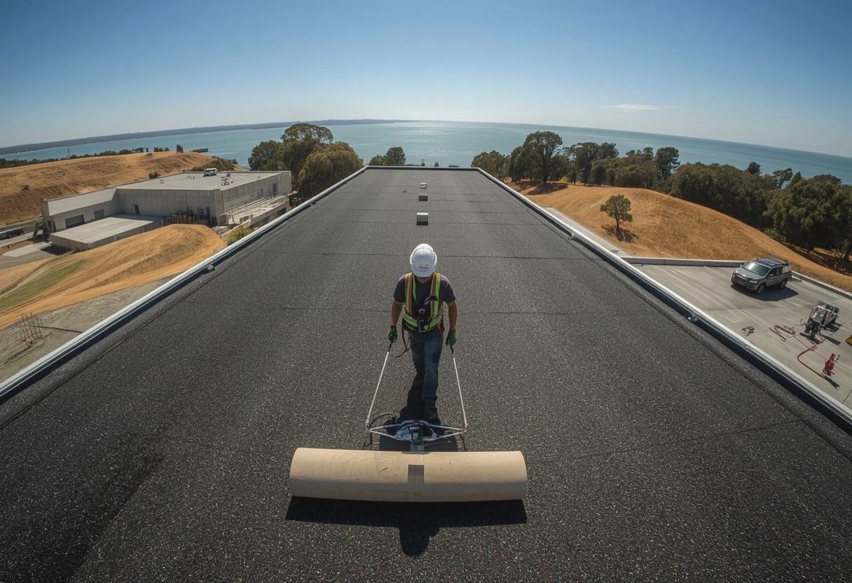 Roofer rolling out a modified bitumen cap sheet in Benicia, California