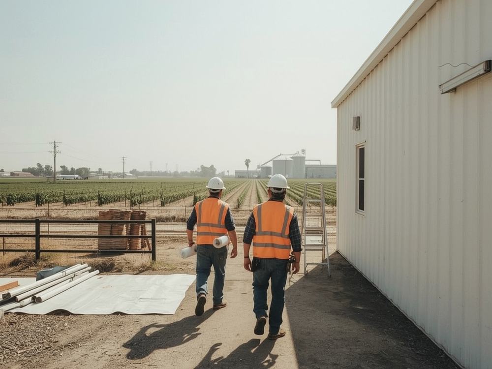 Roofers carrying a membrane roll and ladder to a commercial building in Dixon, California