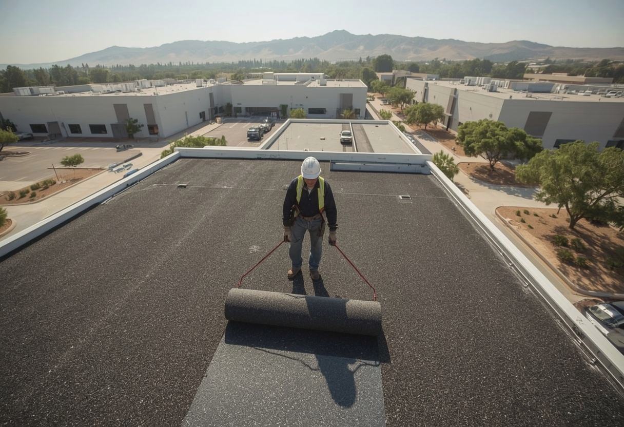 Roofer rolling out a modified bitumen cap sheet in Vacaville, California