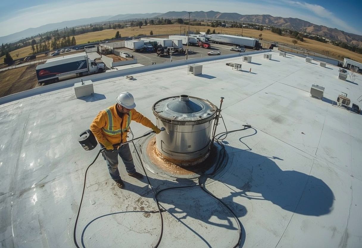 Roofer welding PVC flashing around kitchen exhaust ductwork in American Canyon, California