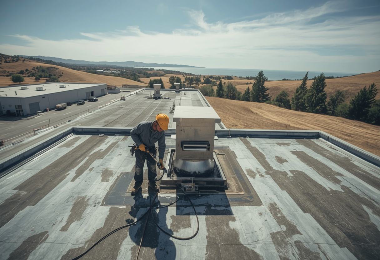 Roofer welding PVC flashing around kitchen exhaust ductwork in Benicia, California