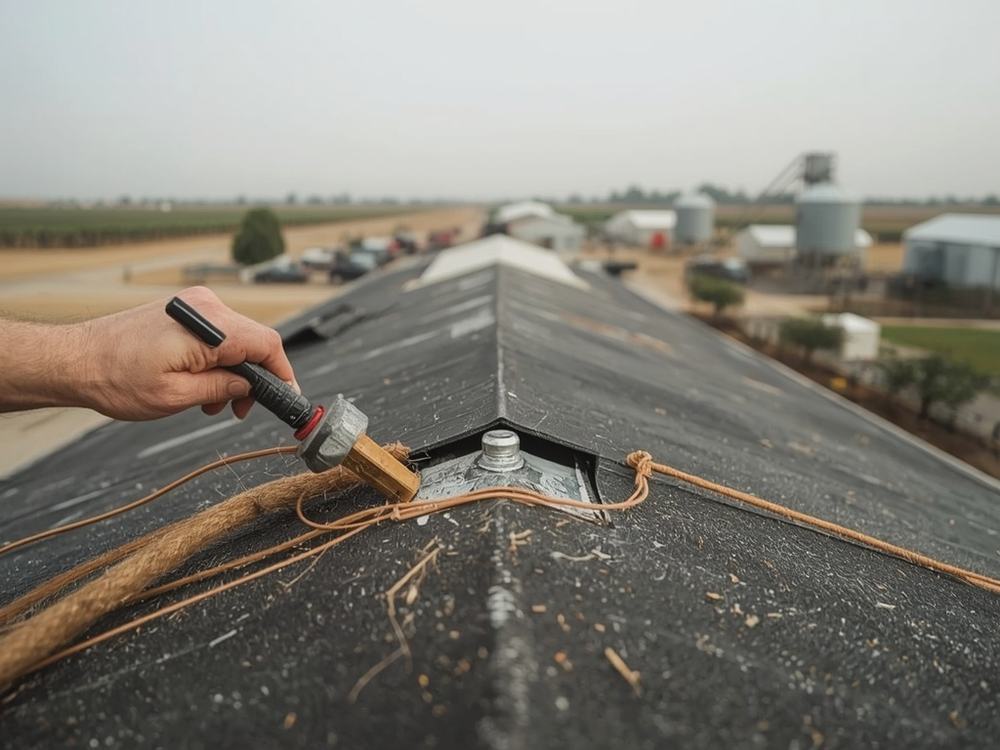 Close-up of a welded membrane seam and flashing detail on a commercial roof in Dixon, California