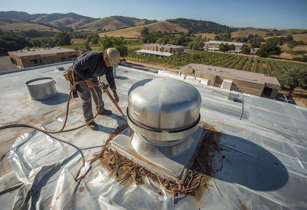 Roofer welding PVC flashing around kitchen exhaust ductwork in Napa, California