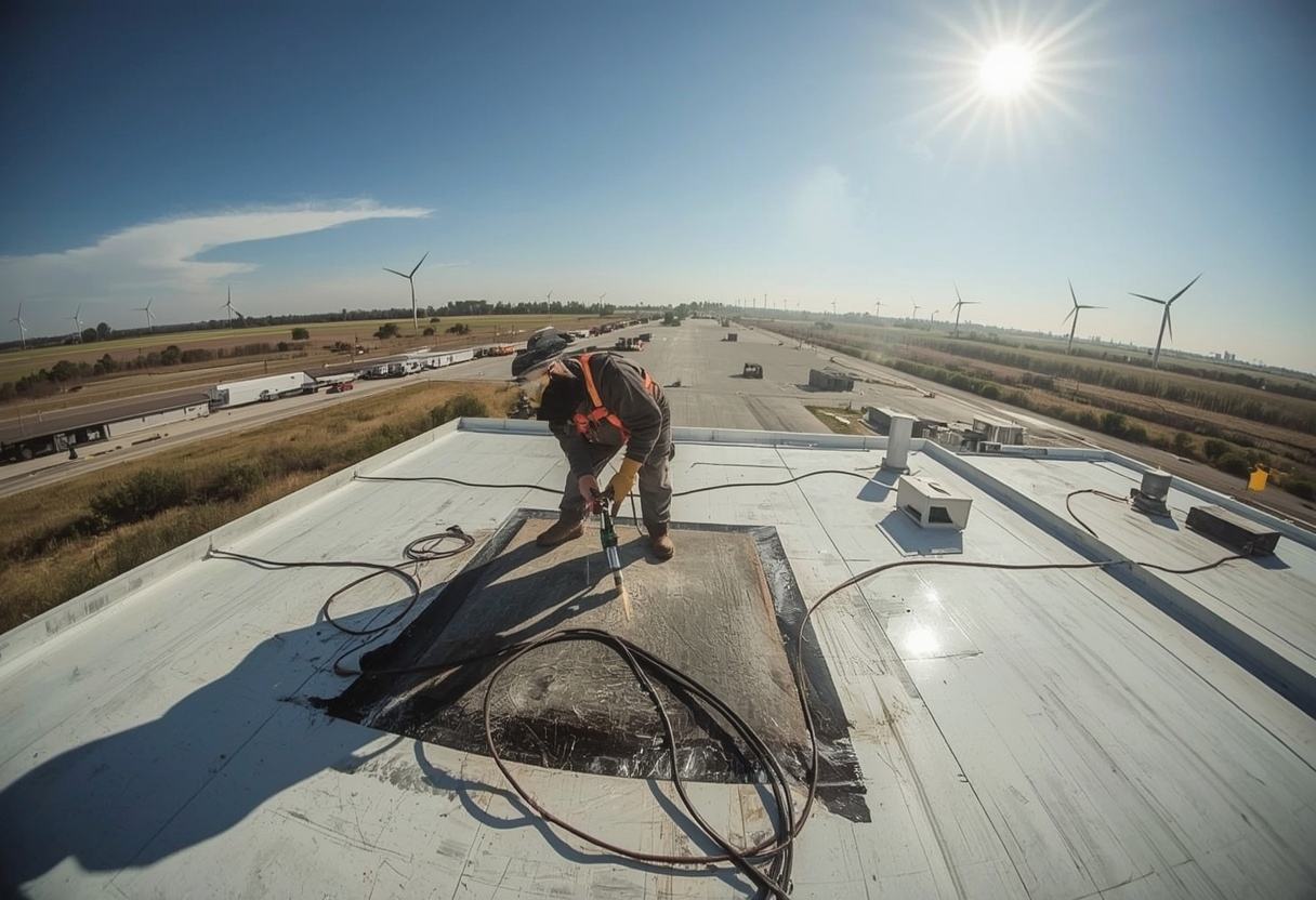Roofer welding PVC flashing around kitchen exhaust ductwork in Rio Vista, California