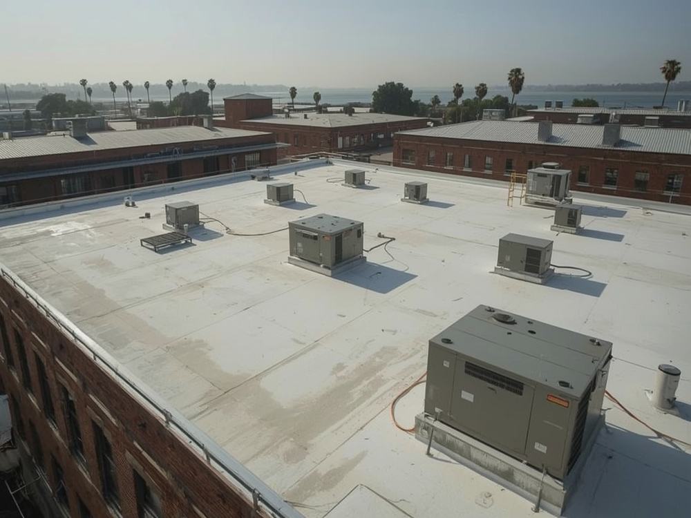 Completed flat roof membrane and perimeter edge metal on a commercial building in Vallejo, California
