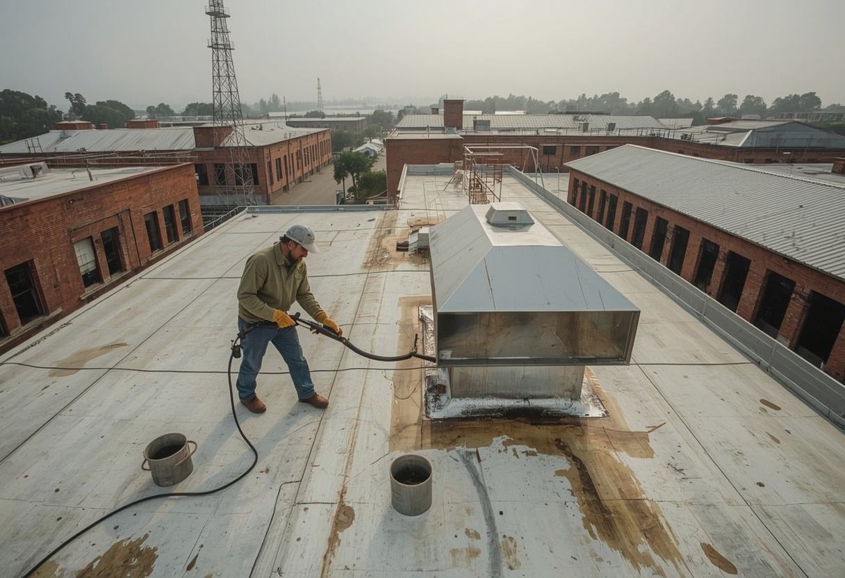 Roofer welding PVC flashing around kitchen exhaust ductwork in Vallejo, California