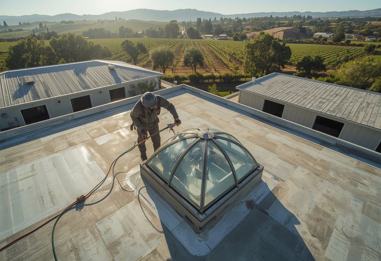 Roofer sealing membrane flashing around a skylight curb in Napa, California