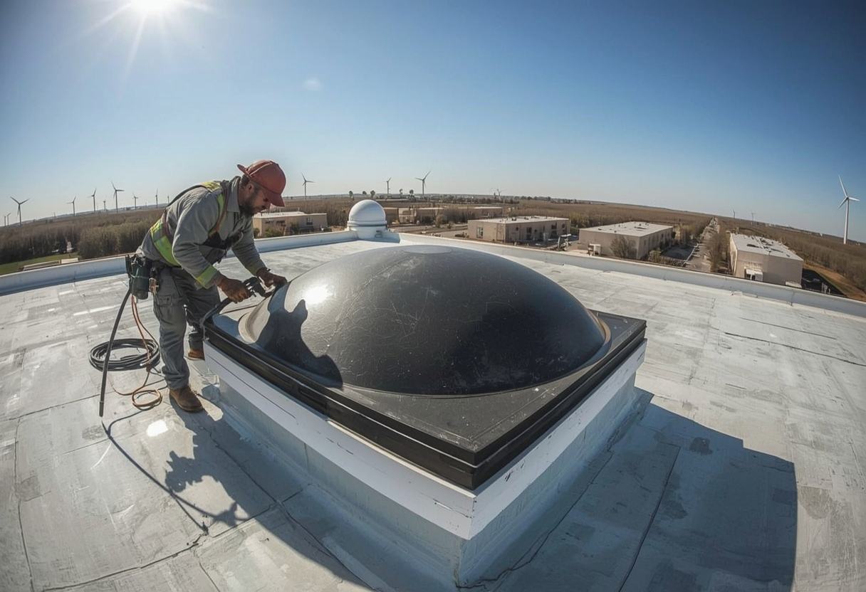 Roofer sealing membrane flashing around a skylight curb in Rio Vista, California