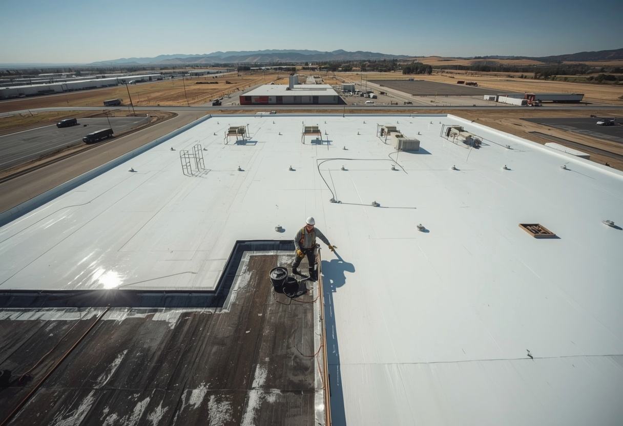 Reflective Title 24 cool roof membrane being finished in American Canyon, California